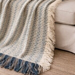 Kennebunk Home Blue Cream Woven Fringe Throw Blanket 40x75 Farmhouse Boho